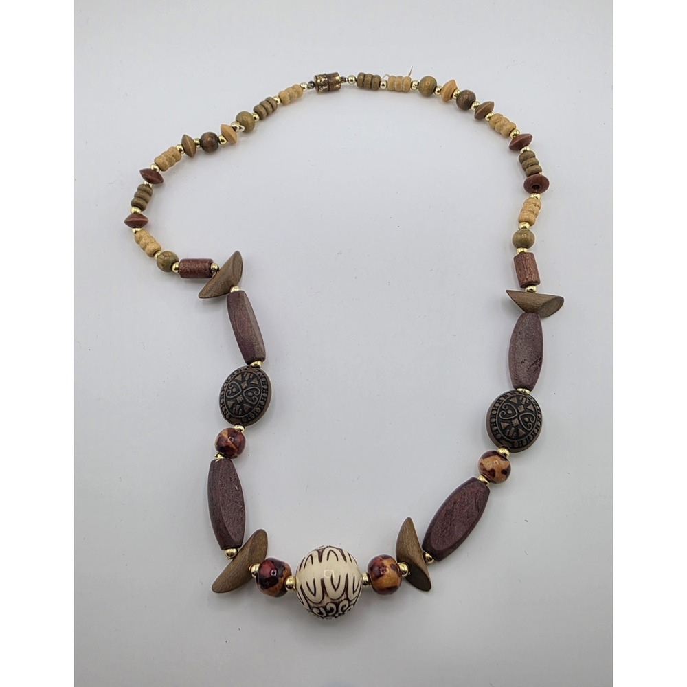 Handcrafted Bohemian Wood Beaded Statement Necklace Brown Cream Gold